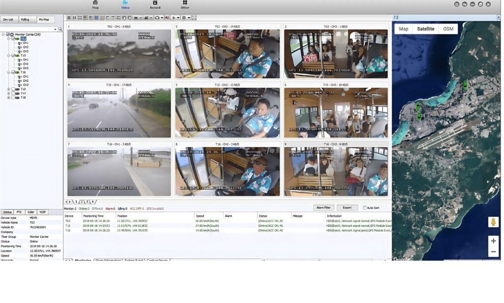 Live MDVR feed displaying passengers inside a bus.
