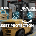 Forklift in a loading dock with padlock and GPS satellite signal icons, representing anti-theft and monitoring features.
