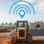 Excavator at a Guam construction site with GPS location pin and signal waves, promoting F1 fleet management solution.