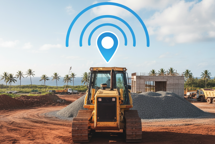 Excavator at a Guam construction site with GPS location pin and signal waves, promoting F1 fleet management solution.